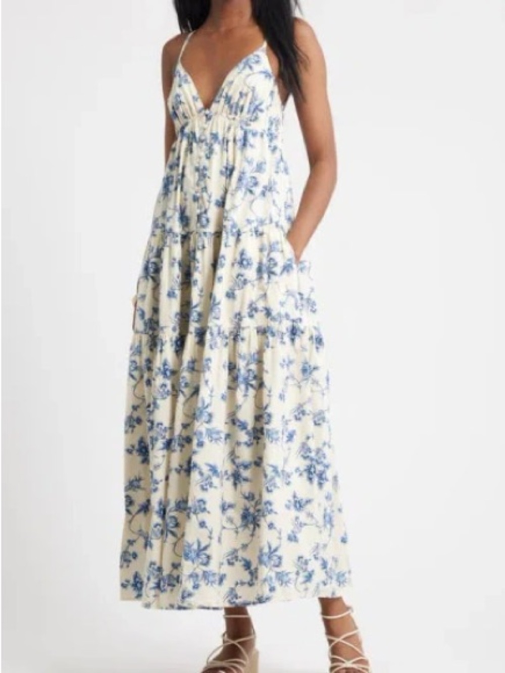 Treasure & Bond Cream Maxi Dress with Blue Floral Print